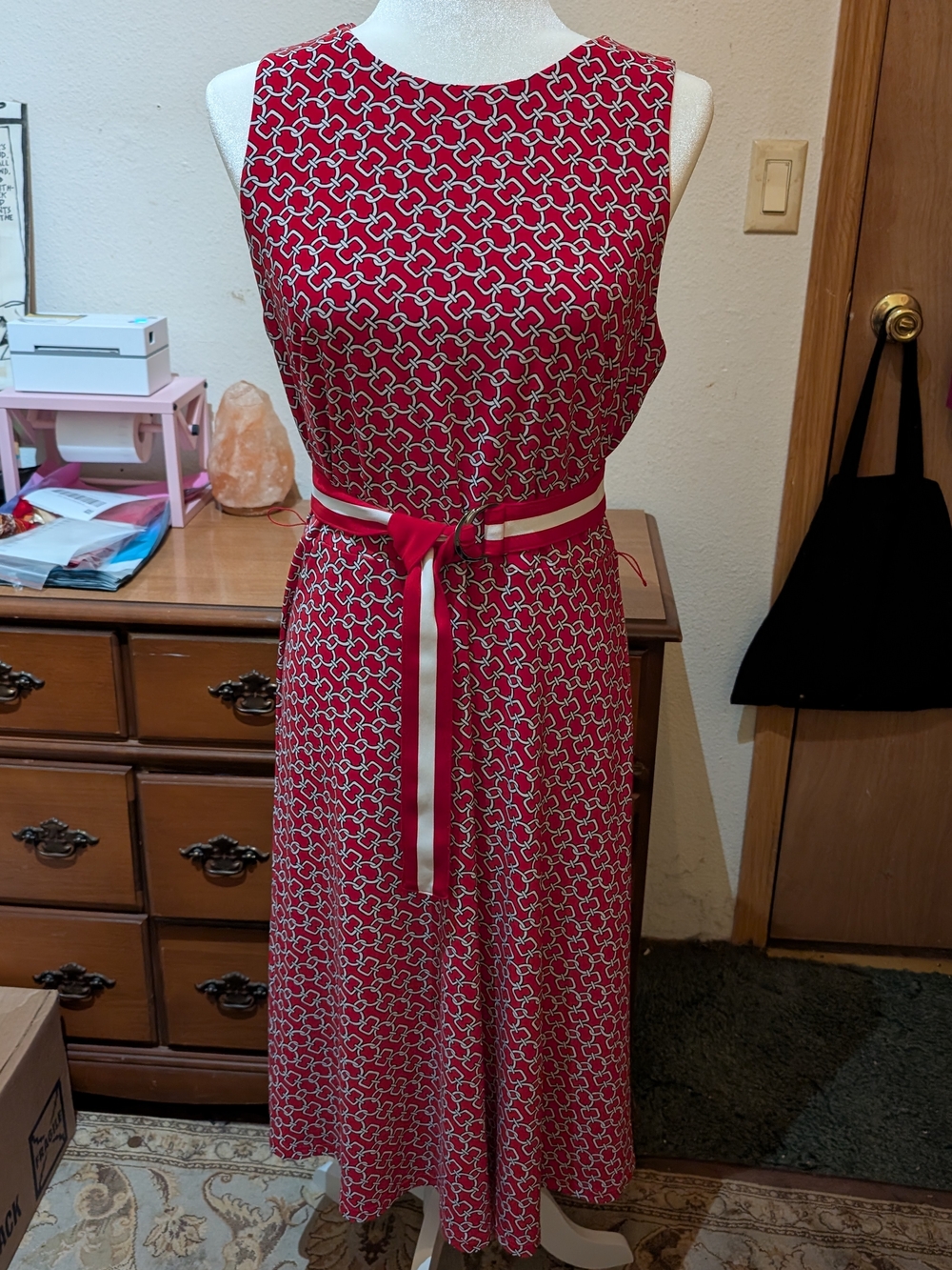 Ralph Lauren Red and White Sleeveless Patterned Belted Midi Dress